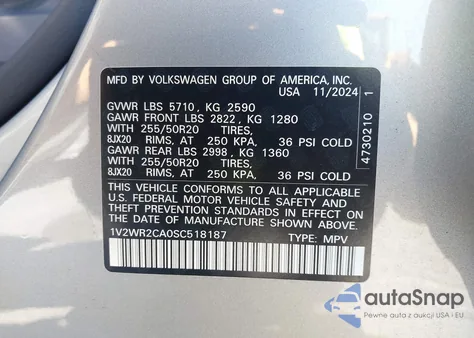 2025 Volkswagen Atlas 2.0T Se W/Technology from USA, damaged, VIN 1V2WR2CA0SC518187
